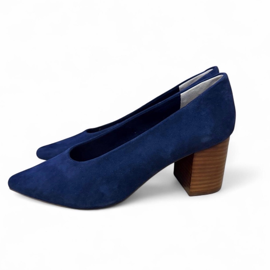 Navy Blue Suede Block Heel Pumps.